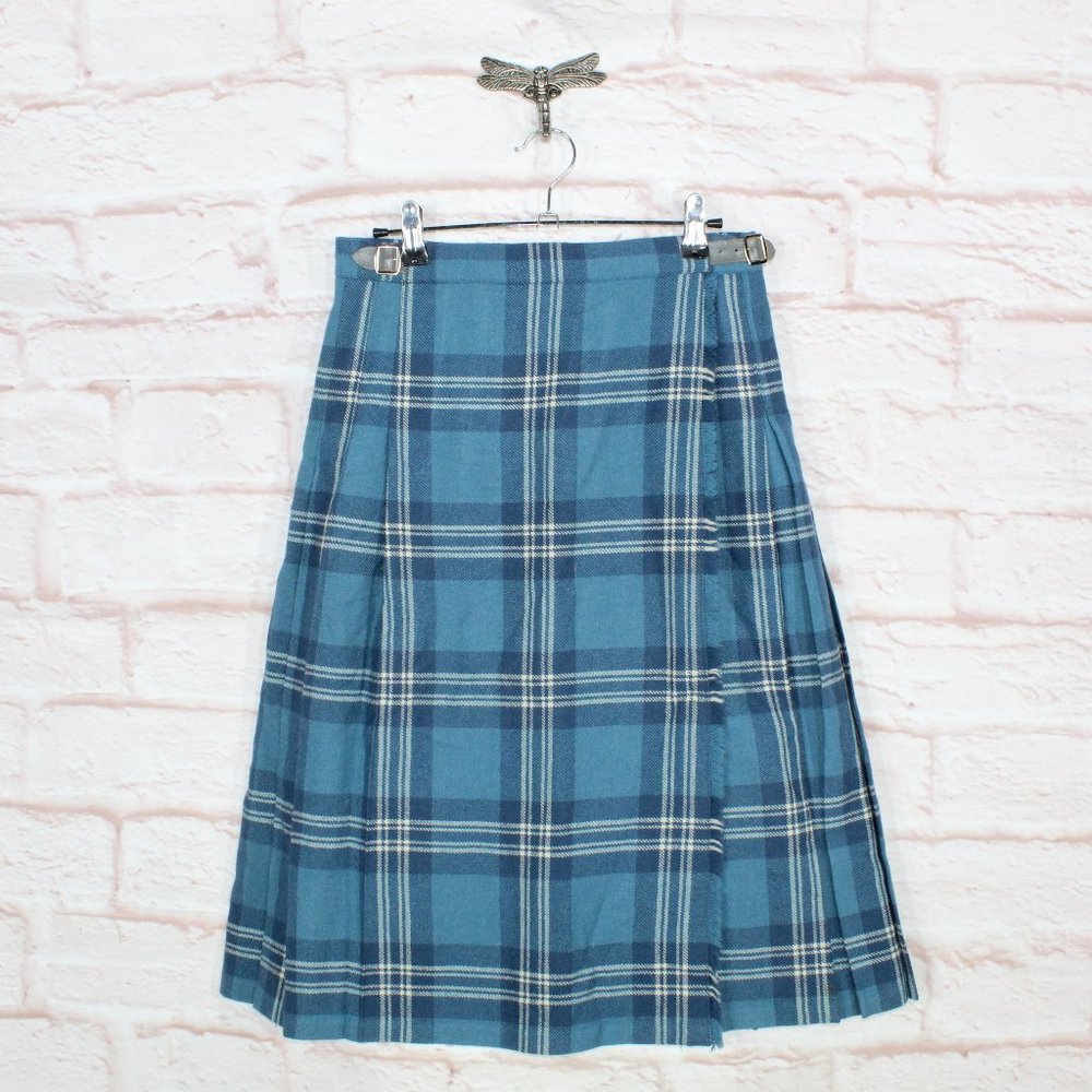 Vintage Harrods Blue 100% Wool Plaid Tartan Kilt Skirt Size 12 - Picture 1 of 9